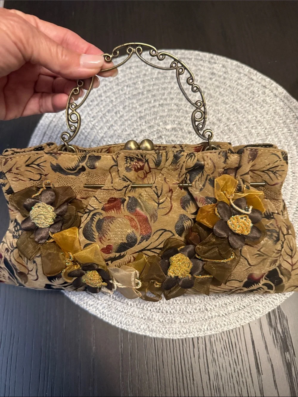 Vintage Floral Appliqué Clutch Handbag in Brown and Gold